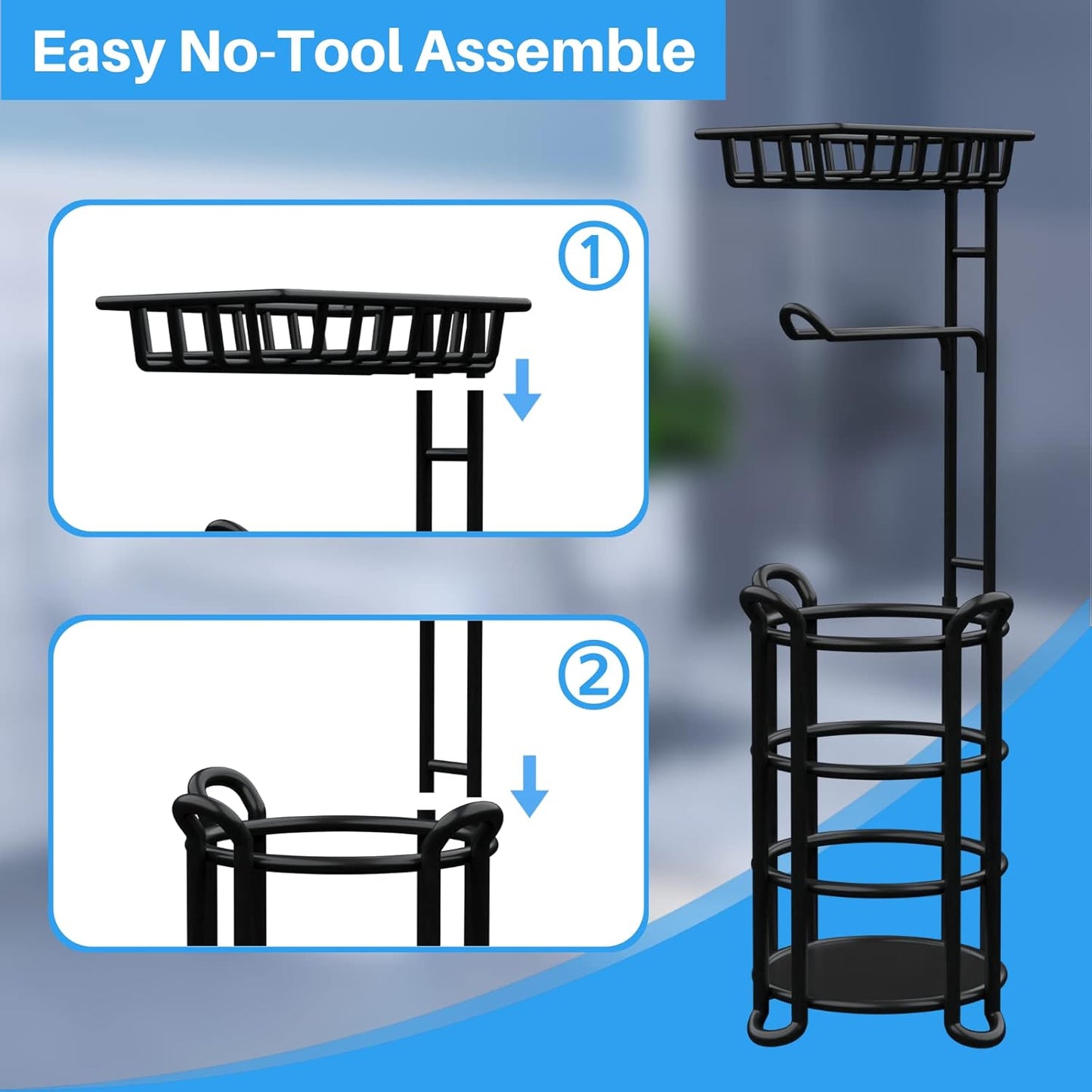 Skiennix Toilet Paper Holder Stand - Free Standing Tissue Roll Storage Rack with Shelf | Black