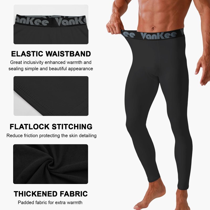 VanKee Men’s Thermal Compression Pants Fleece Lined Sport Tights Base Layer Bottoms Athletic Leggings for Cold Weather Men's Winter Gear for Skiing Sports Running Cycling Basketball Black
