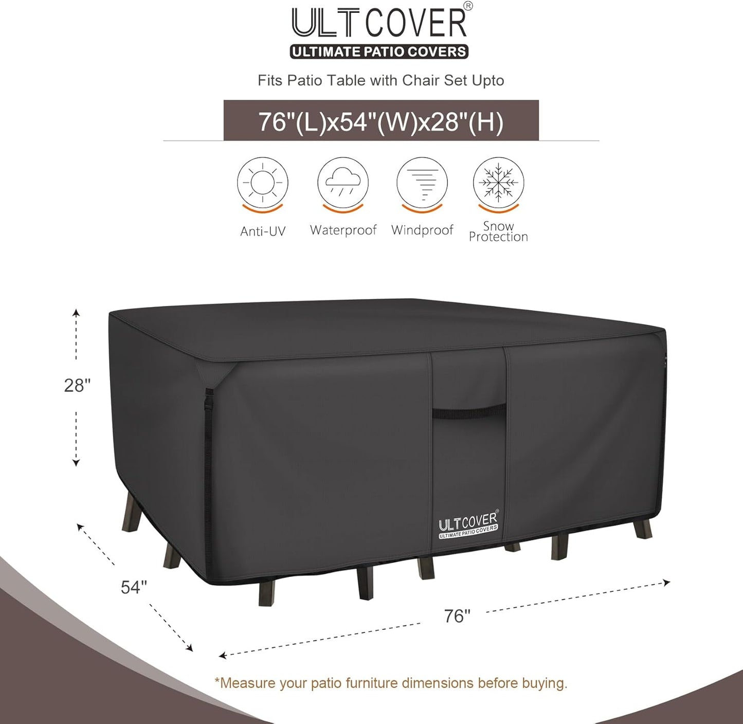 ULTCOVER Heavy Duty Rectangular Patio Table & Chair Cover - Waterproof 76" L x 54" W x 28" H, Black