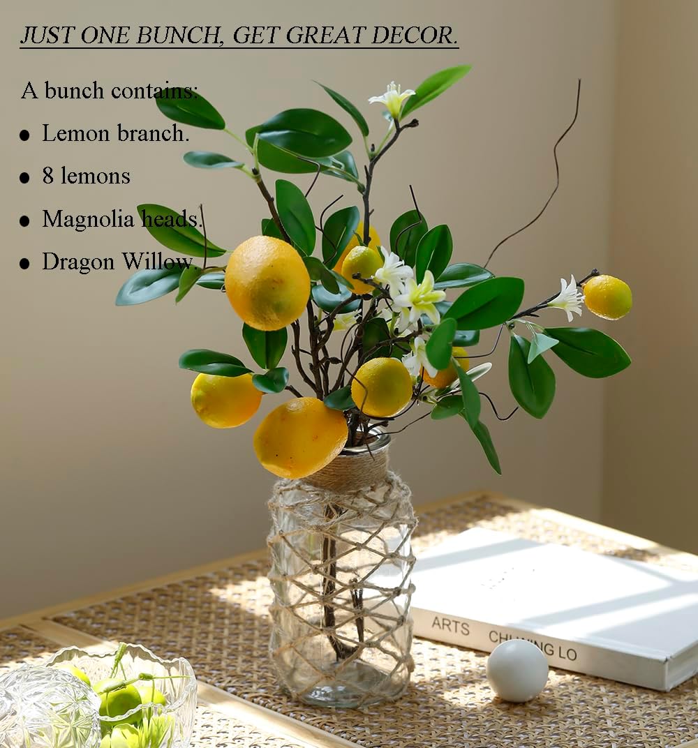 Laelfe Artificial Lemon Branches - 8 Head Faux Lemons for Kitchen & Farmhouse Decor | Bright Yellow