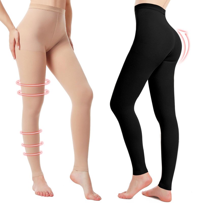 2 Pairs Medical Compression Pantyhose for Women, 20-30mmHg Graduated Support Tight Pants, Opaque Footless (Beige*1+Black*1, S)
