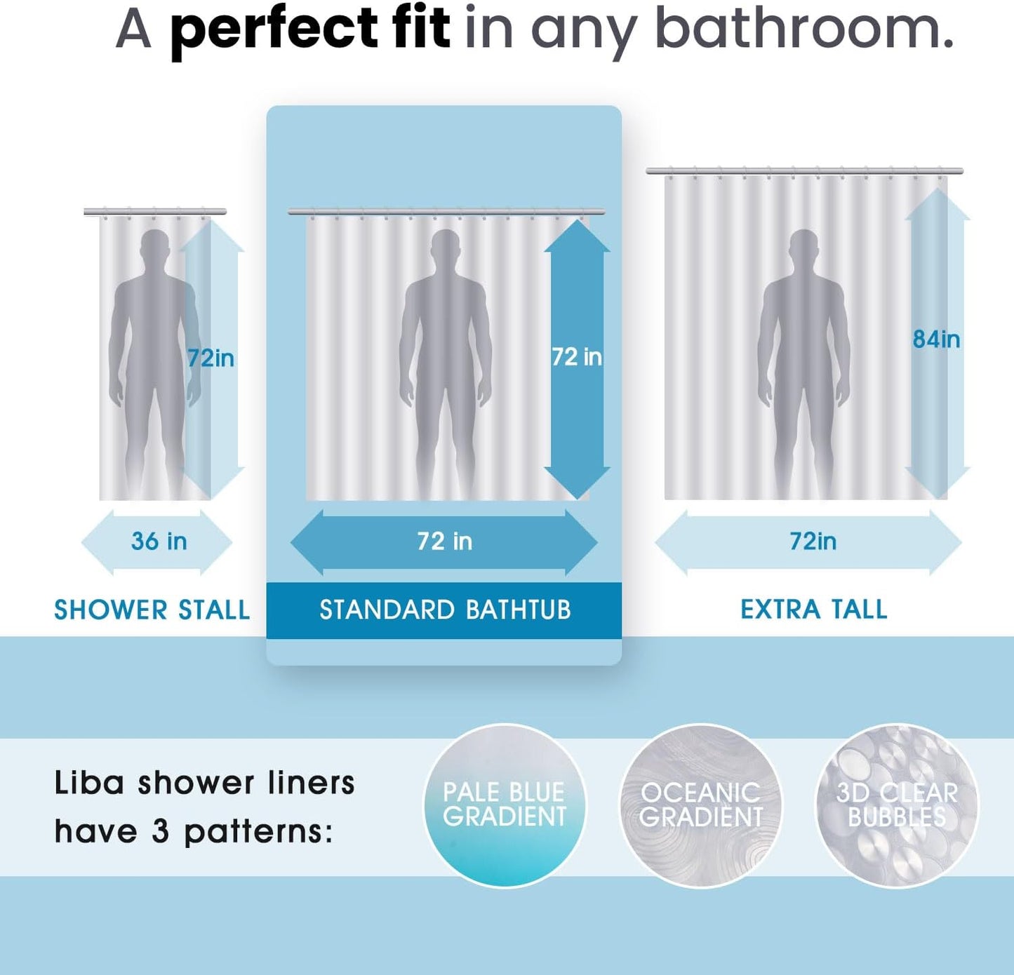LiBa PEVA Shower Curtain Liner - 8G Waterproof, 72x72 Inch with Magnets & 12 Plastic Rings | Oceanic Gradient Design