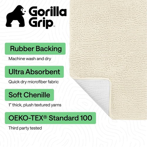 GORILLA GRIP Bath Rug Mat - Thick Soft Absorbent Chenille | Quick-Dry Microfiber, 24x17, Ivory
