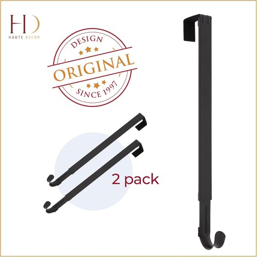 Haute Decor Adjustable Length Over The Door Wreath Hanger Hook - 2-Pack | Strong Matte Black, Holds Up to 20 lbs.