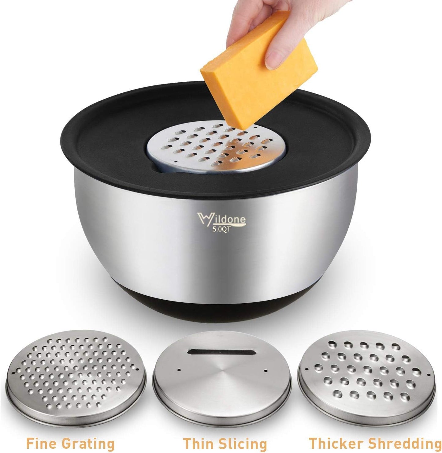 Wildone Mixing Bowls Set - 5PCS Stainless Steel Nesting Bowls with Airtight Lids & Grater Attachments | Non-Slip Bottoms, 0.63 to 5 QT