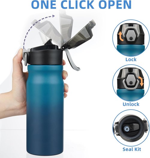 BJPKPK 18oz Insulated Water Bottle - Stainless Steel, BPA-Free, Leak-Proof | Indigo Black with Straw