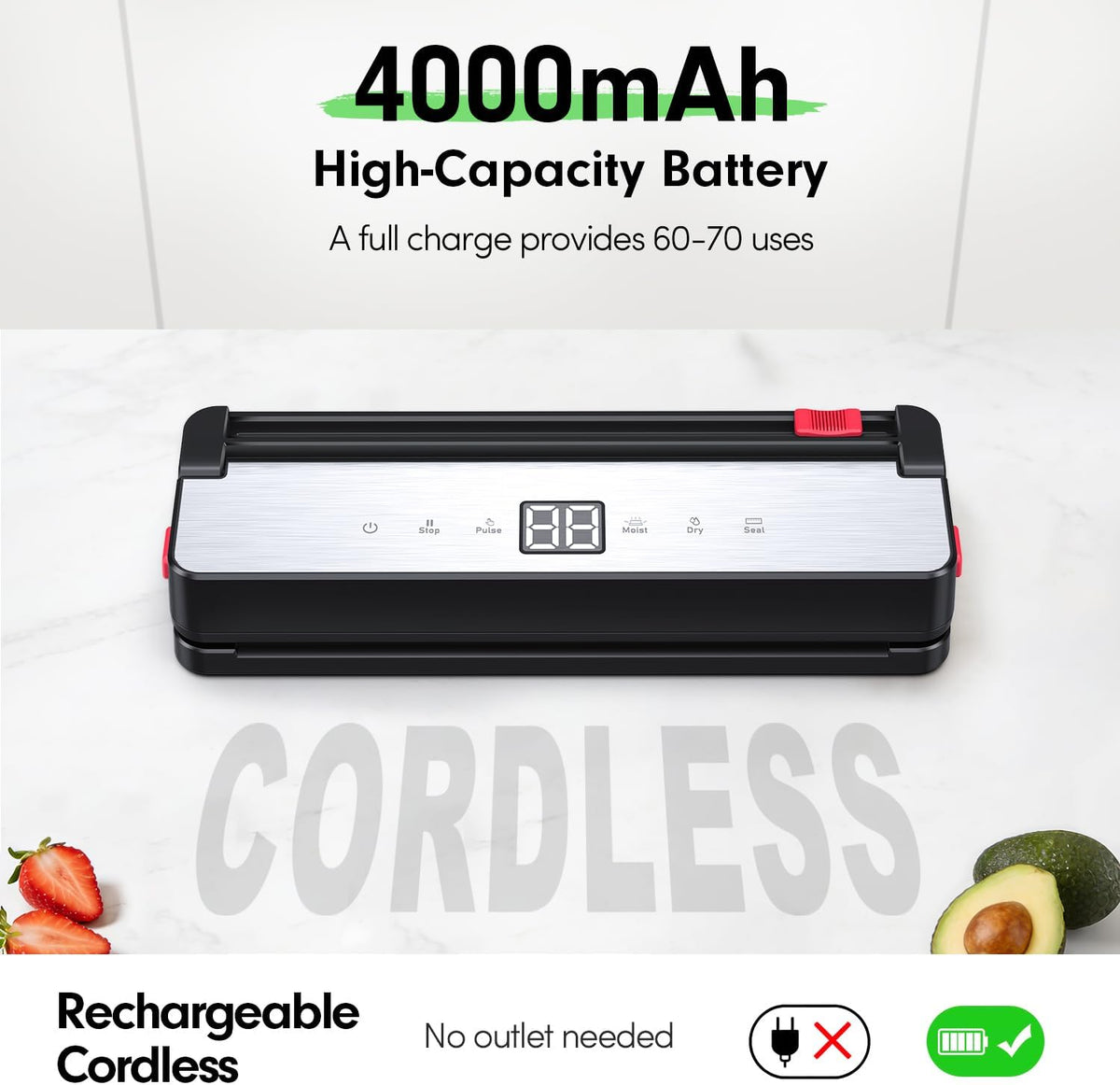 Skiennix Portable Vacuum Sealer - 75kPa Suction for Food Storage | 4000mAh Rechargeable Battery, Dry & Moist Modes