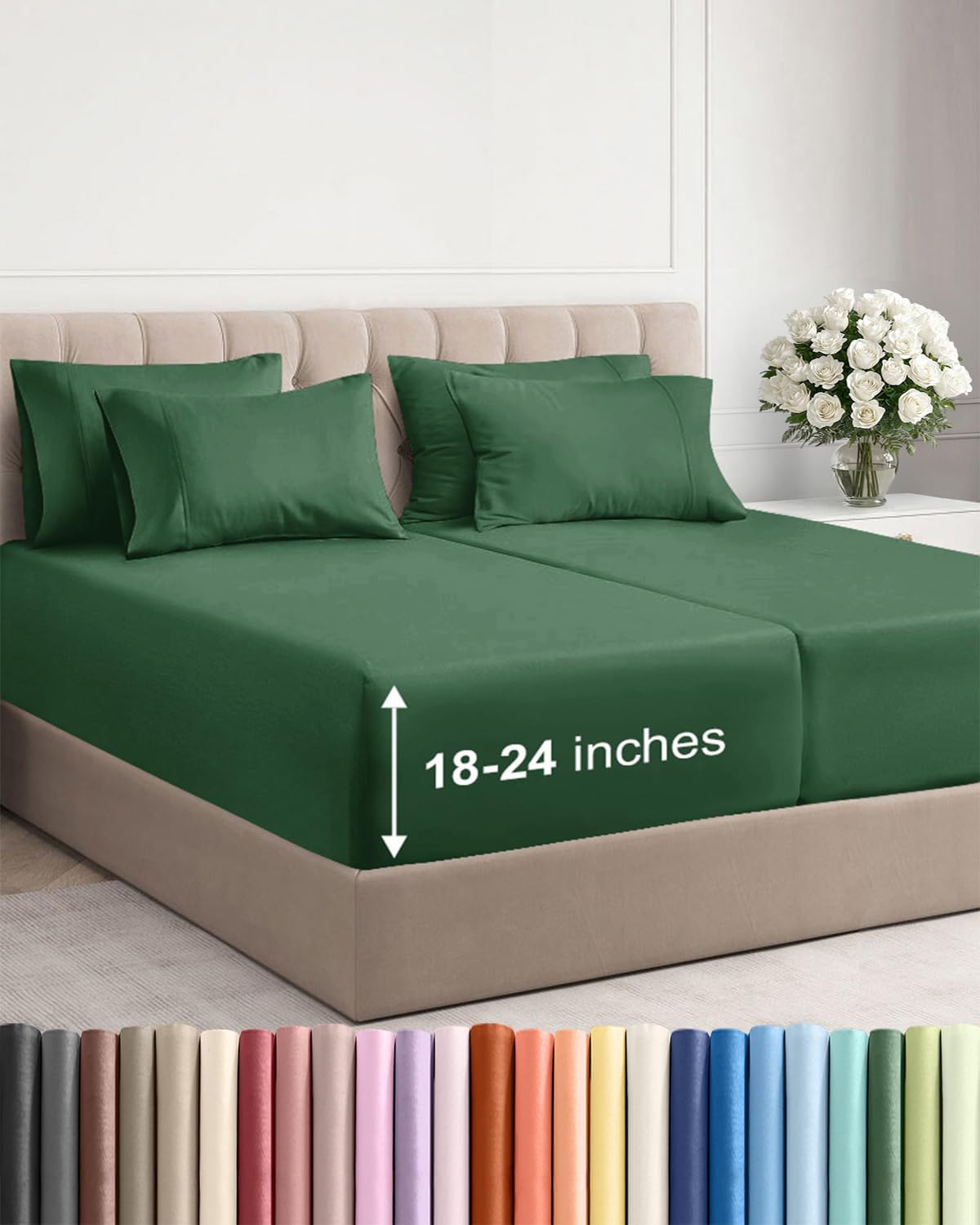 Skiennix Extra Deep Split King Sheet Set - 7 Piece Breathable Cooling Bedding - Soft Wrinkle-Free Emerald Green