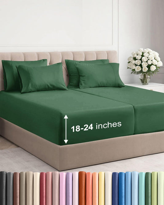 Skiennix Extra Deep Split King Sheet Set - 7 Piece Breathable Cooling Bedding - Soft Wrinkle-Free Emerald Green