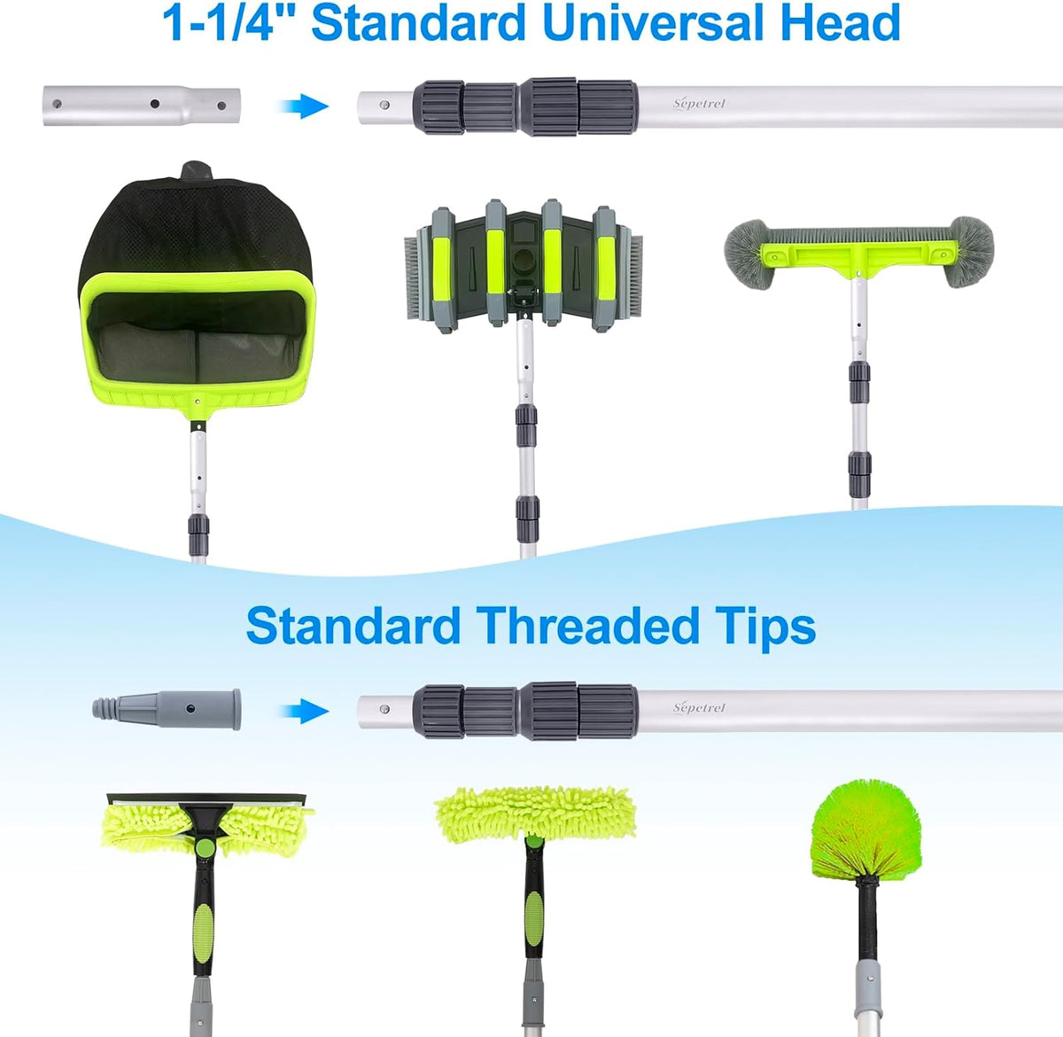 Sepetrel 15-Foot Telescoping Pool Pole - Upgraded Professional Design with Threaded Tips for Skimmer Net & Brush
