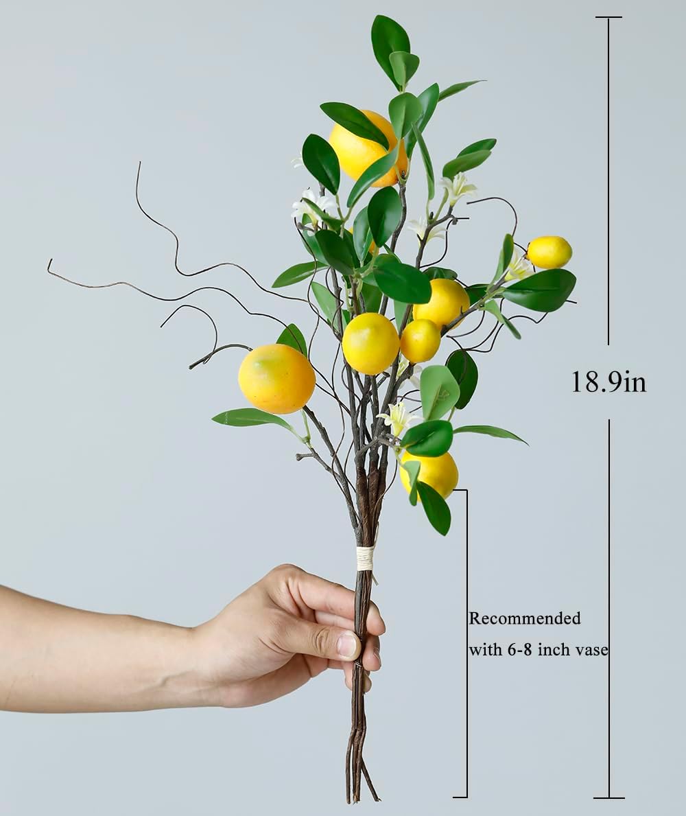 Laelfe Artificial Lemon Branches - 8 Head Faux Lemons for Kitchen & Farmhouse Decor | Bright Yellow