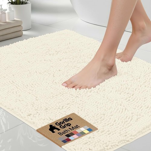 GORILLA GRIP Bath Rug Mat - Thick Soft Absorbent Chenille | Quick-Dry Microfiber, 24x17, Ivory
