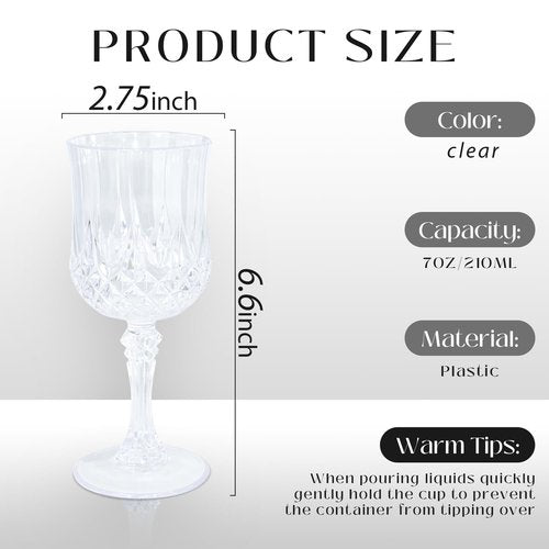 CHLJAR 7oz Plastic Vintage Drinking Glasses Wine Glasses Vintage Champagne Flutes Unbreakable Wedding Glassware Crystal Water Goblets Reusable Drinkware (Clear, 12 PCS)