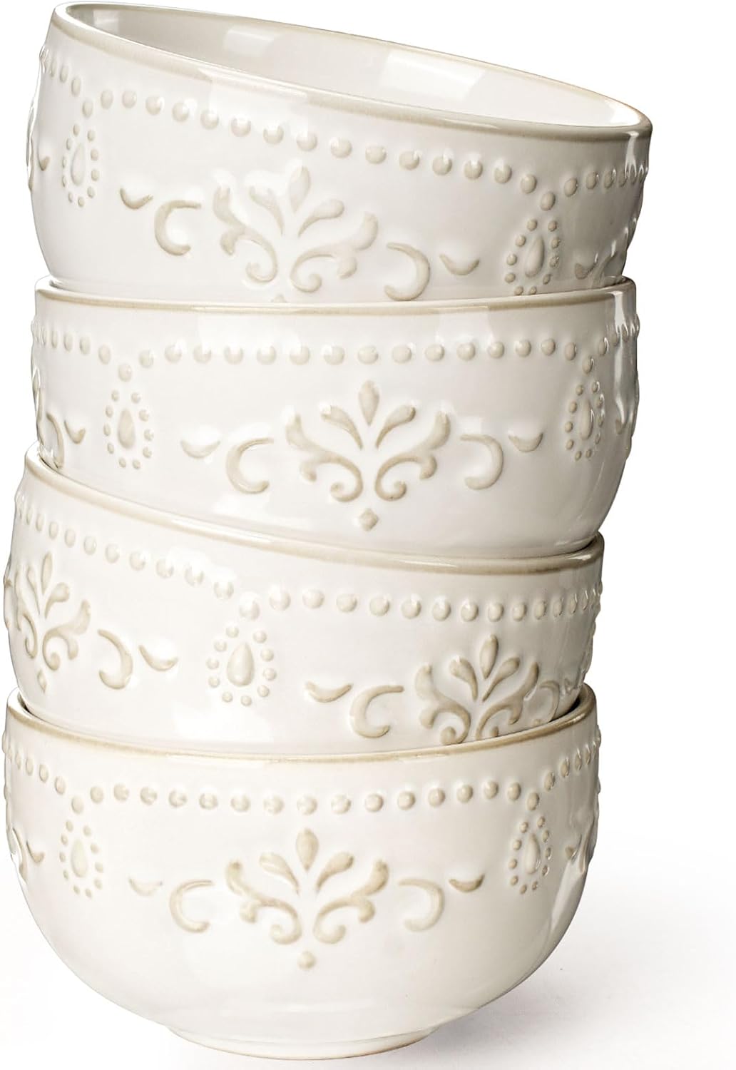 Artena Ceramic Dessert Bowls Set of 4 - 12 oz Embossed White Bowls for Ice Cream, Cereal & More | Microwave & Dishwasher Safe