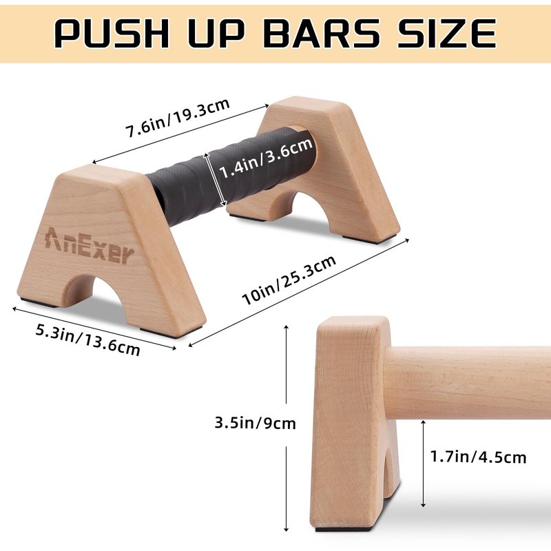 AnExer Push Up Stands, Handstand Parallettes Bars, Solid Wood Push Up Bars with Non-Slip Mat Push up Handles for Floor Exercise Home Workout Equipment for Men & Women Strength Training (Beech Wood-25cm)
