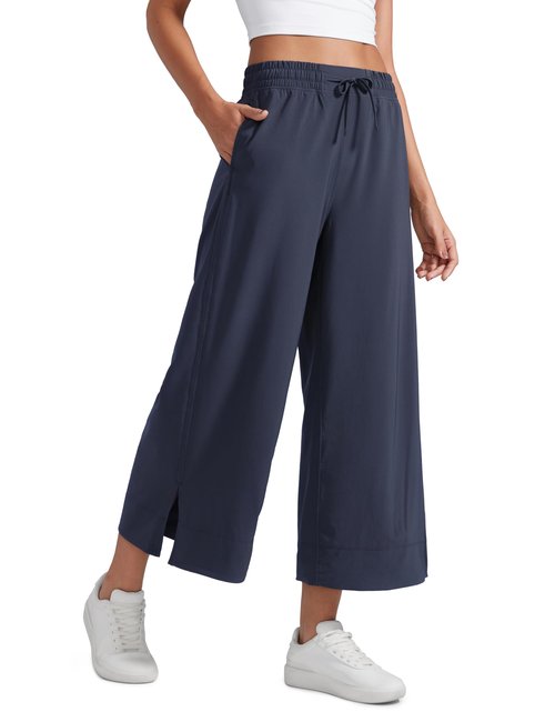CRZ YOGA Lightweight Wide Leg Cropped Pants for Women 25" - Casual Travel Work Sweatpants Summer Navy Medium