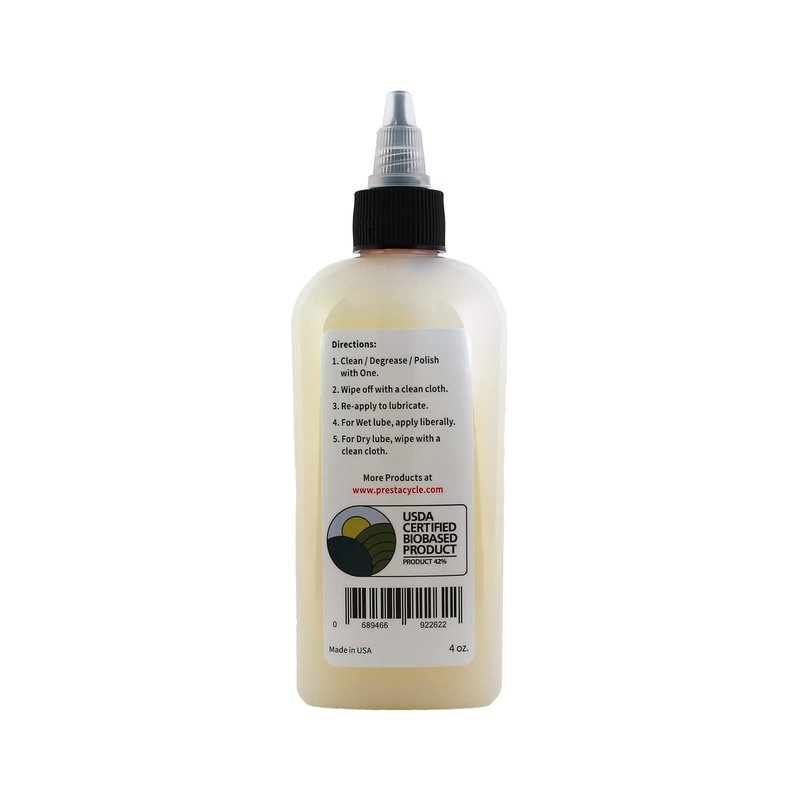 Prestacycle One Liquid - 4 Oz – All-in-One Bio-Based Bicycle Lube, Degreaser, Cleaner, Rust Remover & Protectant, Wet & Dry Chain Lubricant, USDA Certified, No Petroleum or Alcohol