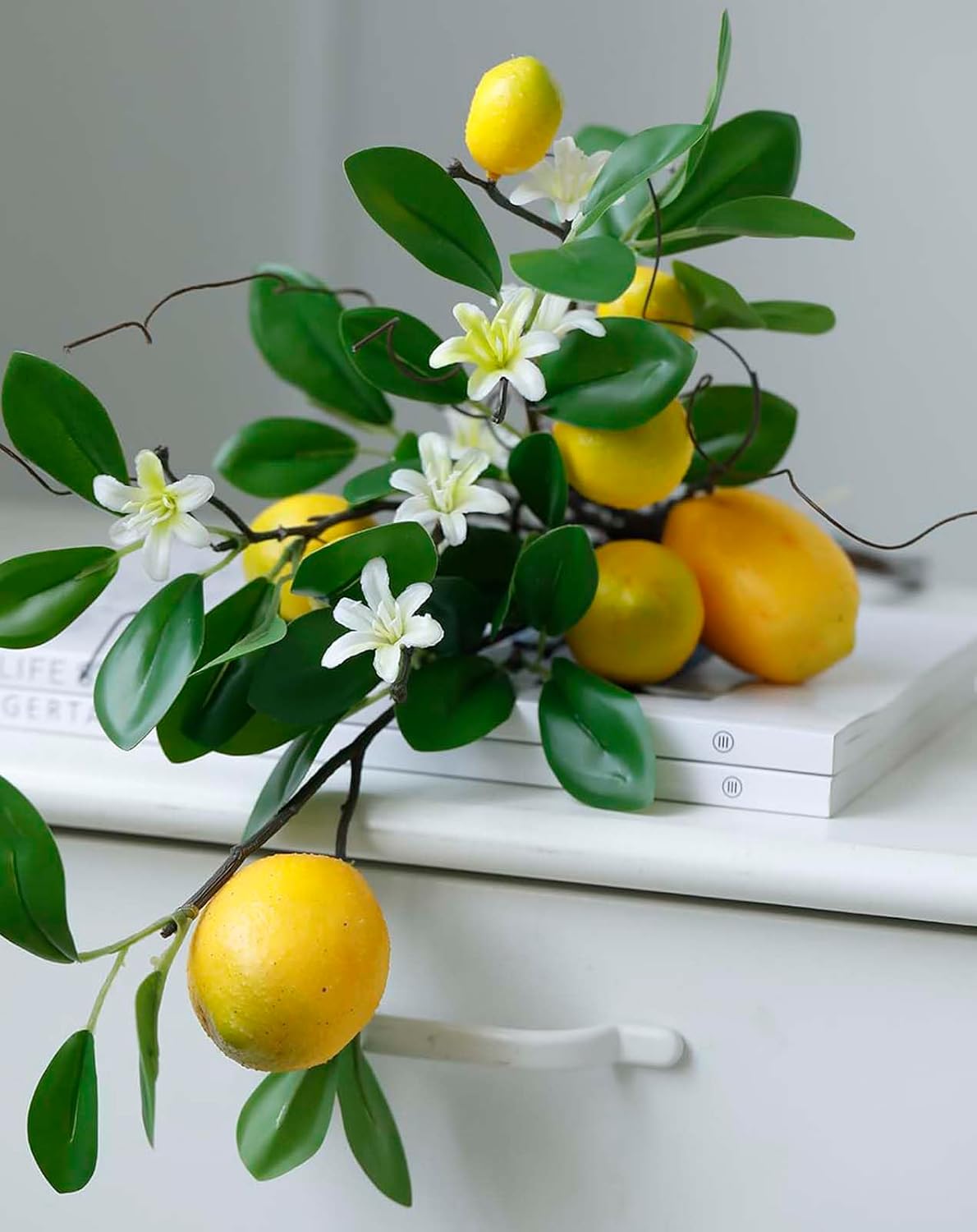 Laelfe Artificial Lemon Branches - 8 Head Faux Lemons for Kitchen & Farmhouse Decor | Bright Yellow