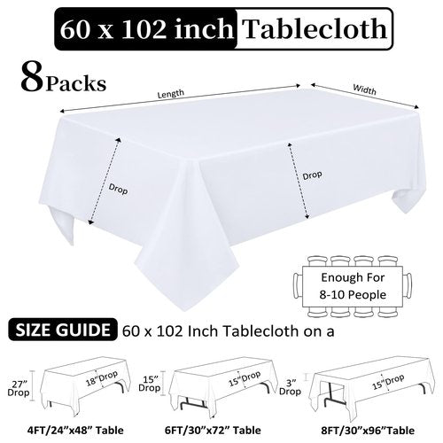 Heneger 8 Pack White Table Cloth 60 x 102 Inch Rectangular Tablecloths for 6 Foot Rectangle Tables, Wrinkle Resistant White Tablecloth Washable Polyester Fabric Table Covers for Party Wedding Banquet