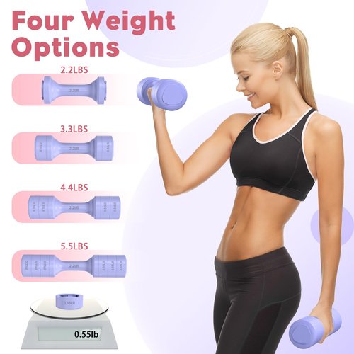 BOBAZREN Adjustable Dumbbell Set of 2, 11Lb/Pair Weights Dumbbells for Women, Each 2.2lb, 3.3lb, 4.4lb, 5.5lb Hand Weights Set for Home Gym Fitness Training (Purple)