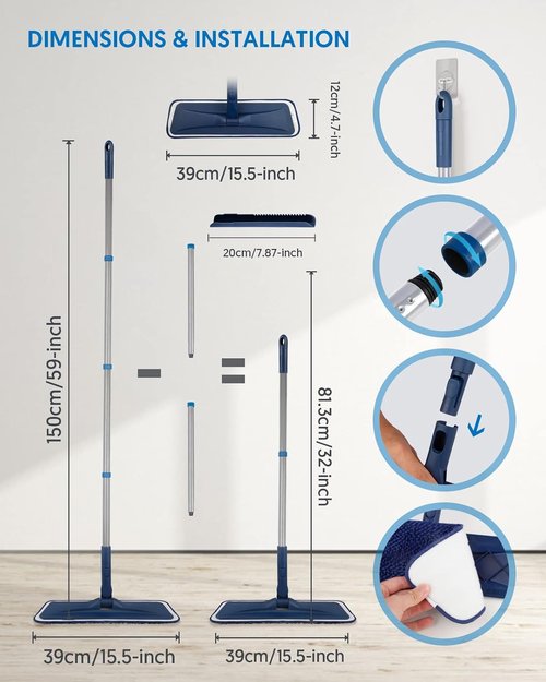 BPAWA Microfiber Flat Floor Mop - Versatile Wet/Dry Cleaning for Hardwood, Tile & Vinyl | 4 Washable Chenille Pads