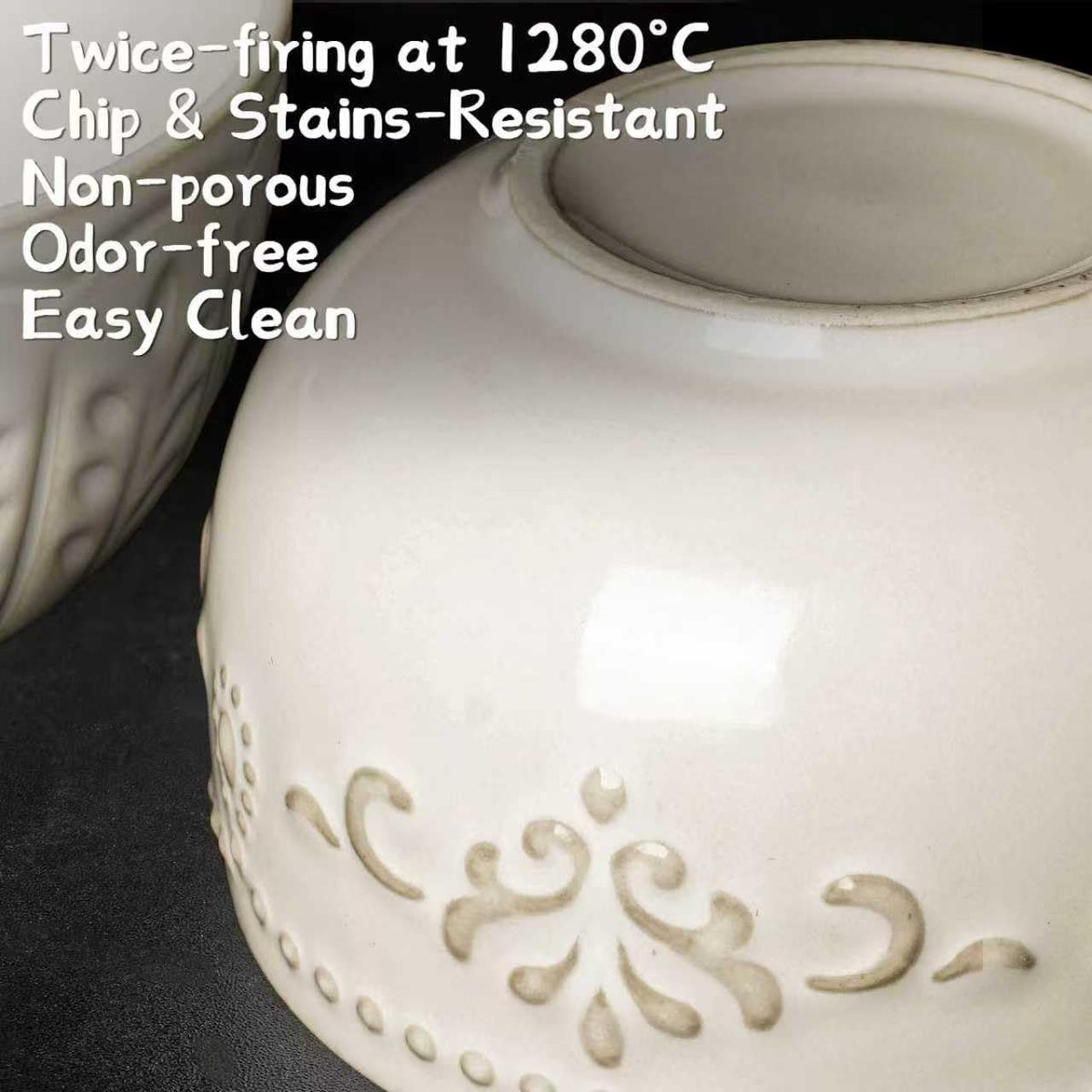 Artena Ceramic Dessert Bowls Set of 4 - 12 oz Embossed White Bowls for Ice Cream, Cereal & More | Microwave & Dishwasher Safe