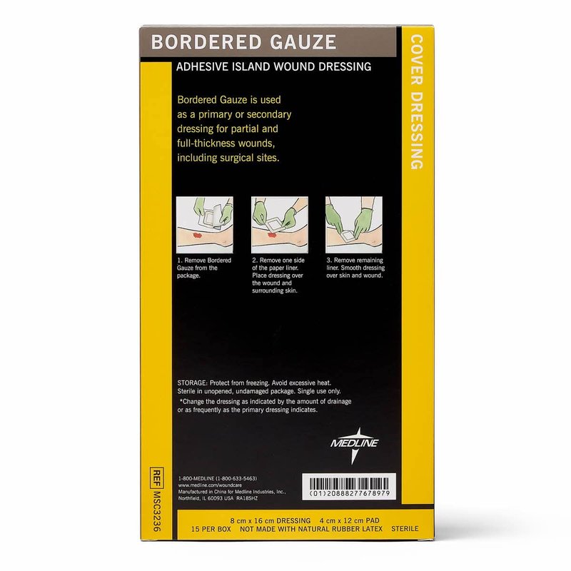 Medline Sterile Bordered Gauze, 3" x 6" with 1.5" x 4" Pad (Pack of 15)
