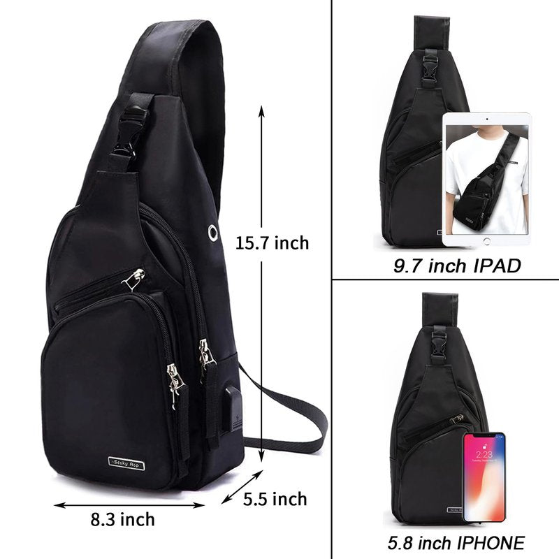 Seoky Rop Men Women Sling Backpack Nylon Water Resistant Shoulder Chest Crossbody Sling Bag with USB Charging Port Black