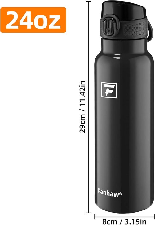 Fanhaw Daylite Series 24 oz Insulated Stainless Steel Water Bottle - Leakproof Design, Glossy Black