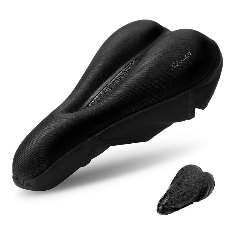 Ryaco Gel Bike Seat Cushion Cover - Breathable Comfortable Bicycle Saddle Cover Black with Water&Dust Resistant Cover Fits Spin, Stationary Exercise Bike, Outdoor or Indoor Cycling