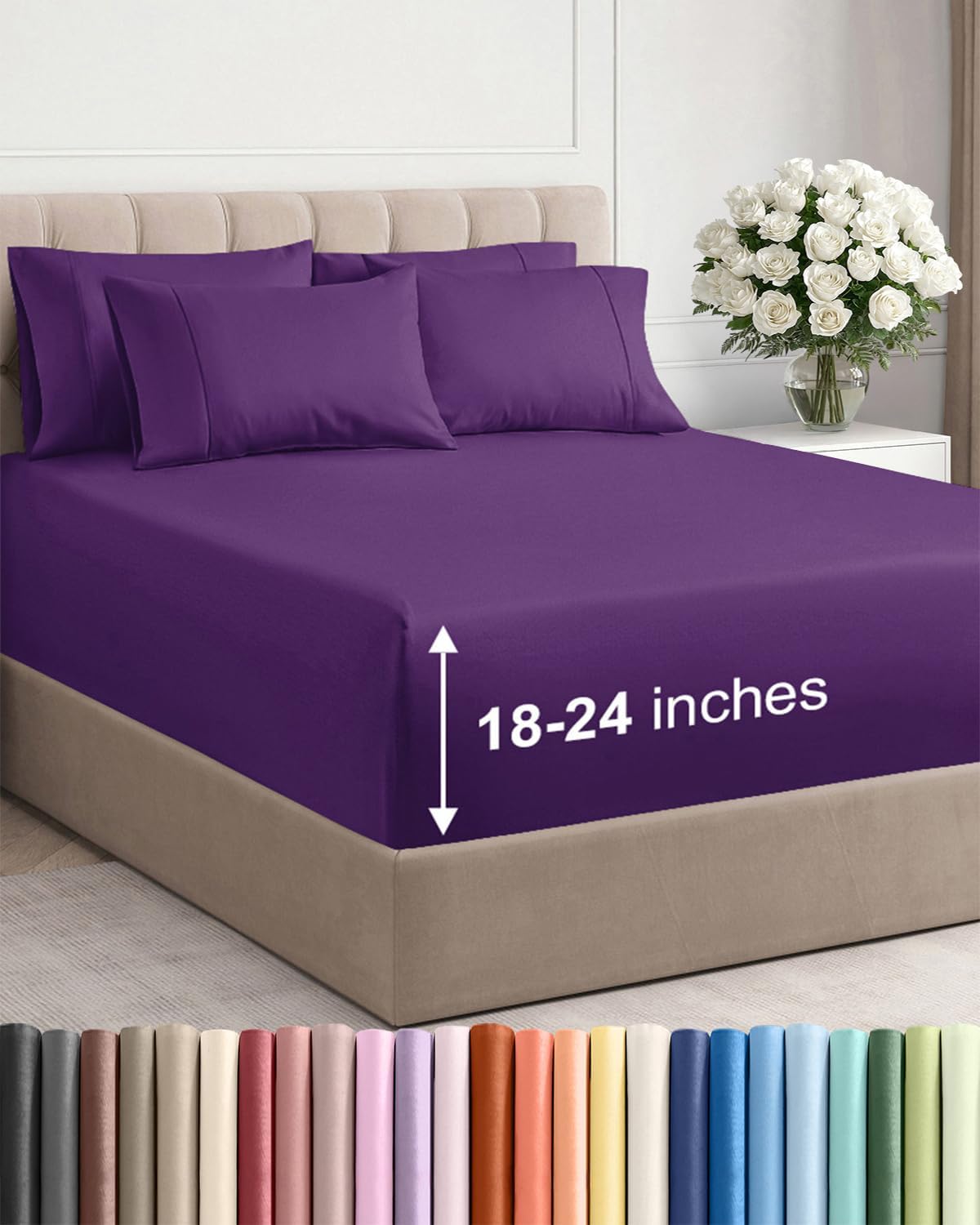 Skiennix Extra Deep King Sheet Set - 6 Piece Breathable Cooling Bedding - Soft, Wrinkle-Free Purple