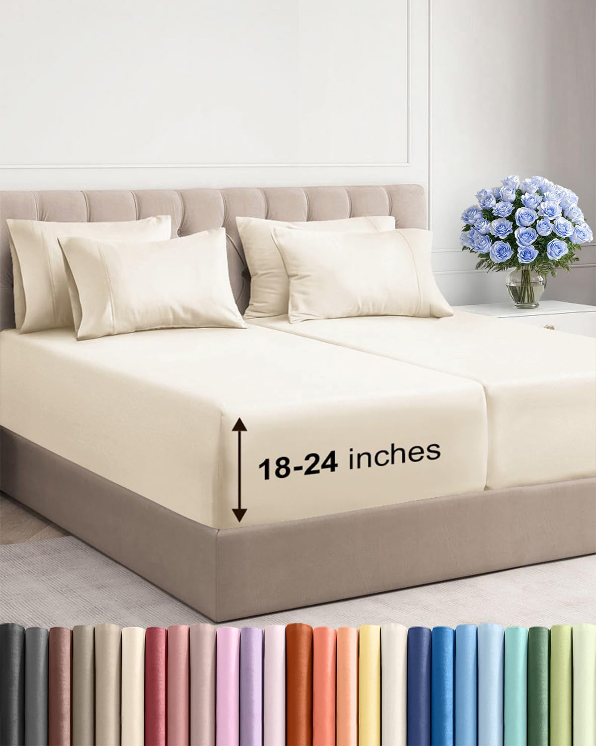 Skiennix Extra Deep Split King Sheet Set | 7-Piece Breathable Cooling Bedding - Soft, Wrinkle-Free Off White
