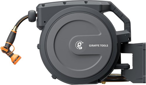 Giraffe Tools Retractable Garden Hose Reel - 5/8 Inch x 90 Ft | Wall Mounted with 180° Swivel Bracket & 9 Pattern Nozzle
