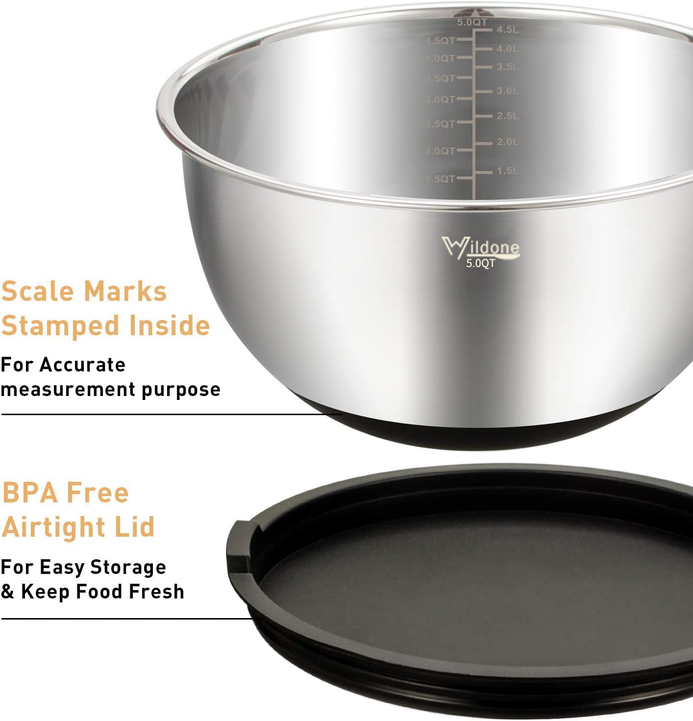 Wildone Mixing Bowls Set - 5PCS Stainless Steel Nesting Bowls with Airtight Lids & Grater Attachments | Non-Slip Bottoms, 0.63 to 5 QT