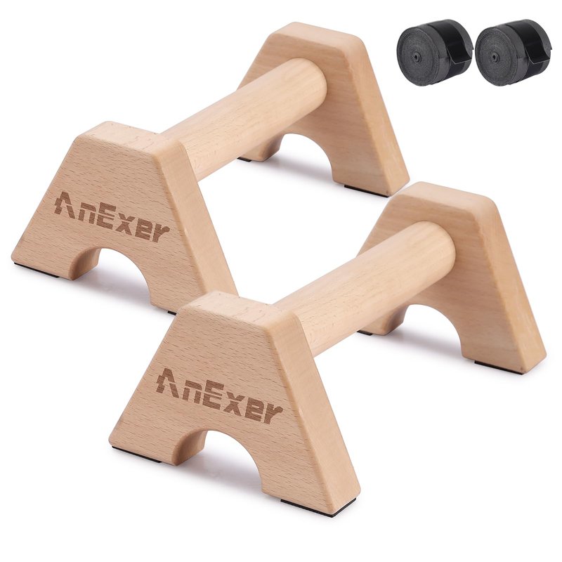 AnExer Push Up Stands, Handstand Parallettes Bars, Solid Wood Push Up Bars with Non-Slip Mat Push up Handles for Floor Exercise Home Workout Equipment for Men & Women Strength Training (Beech Wood-25cm)