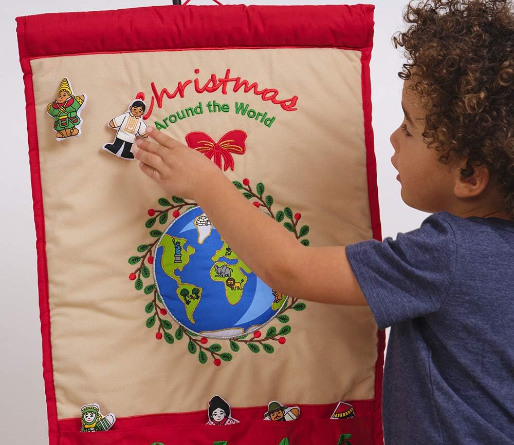 Pockets of Learning Christmas Around the World Advent Calendar - Interactive Holiday Countdown with 25 Stuffed Ornaments | Fabric Wall Hanging Décor