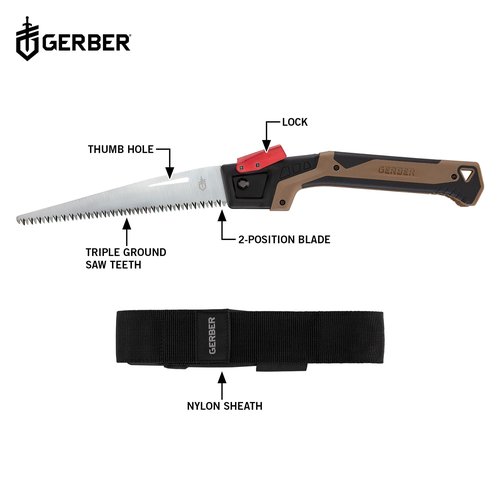 Gerber Gear Bushcraft Saw - Portable Camping Saw for Cutting Wood - Versatile Outdoor Tool w/Ergonomic Handle - 2-Position Blade - Chrome-Plated