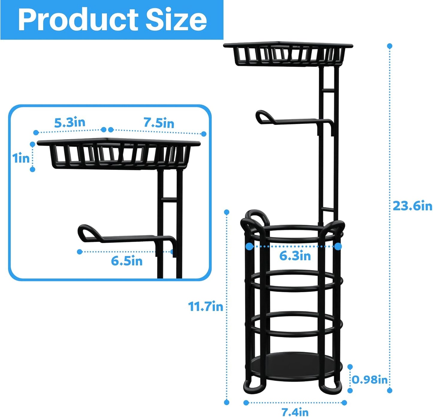 Skiennix Toilet Paper Holder Stand - Free Standing Tissue Roll Storage Rack with Shelf | Black