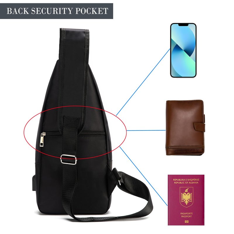 Seoky Rop Men Women Sling Backpack Nylon Water Resistant Shoulder Chest Crossbody Sling Bag with USB Charging Port Black