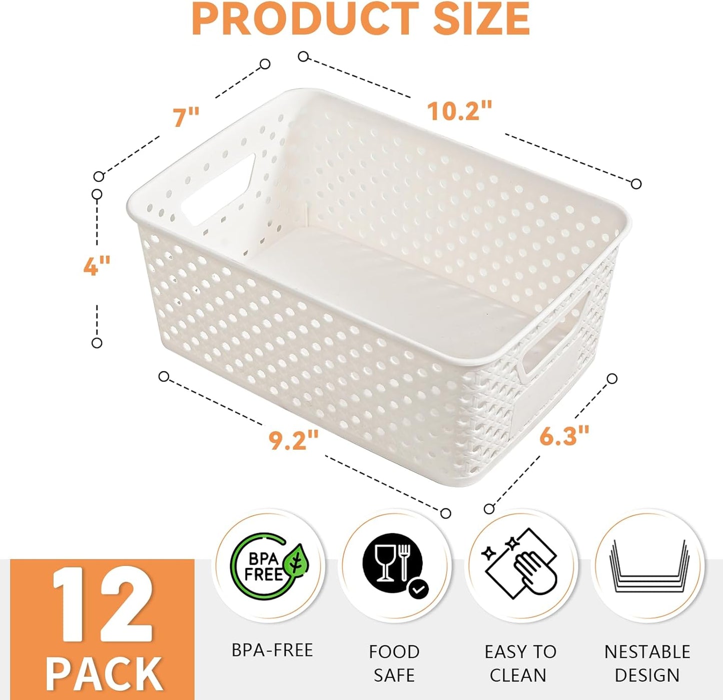 12 Pack Plastic Storage Baskets by [Brand Name] - Versatile Organizers with Handles & Labels for Cabinets, Closets, and Offices