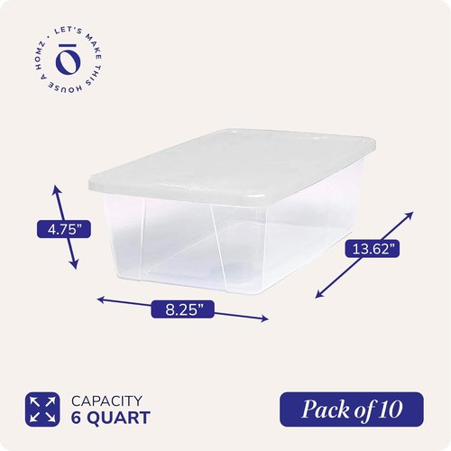 HOMZ 10-Pack Snaplock Storage Organizer Bins - Clear Plastic Containers with Lids, 6 Quart, White | Stackable for Home & Office