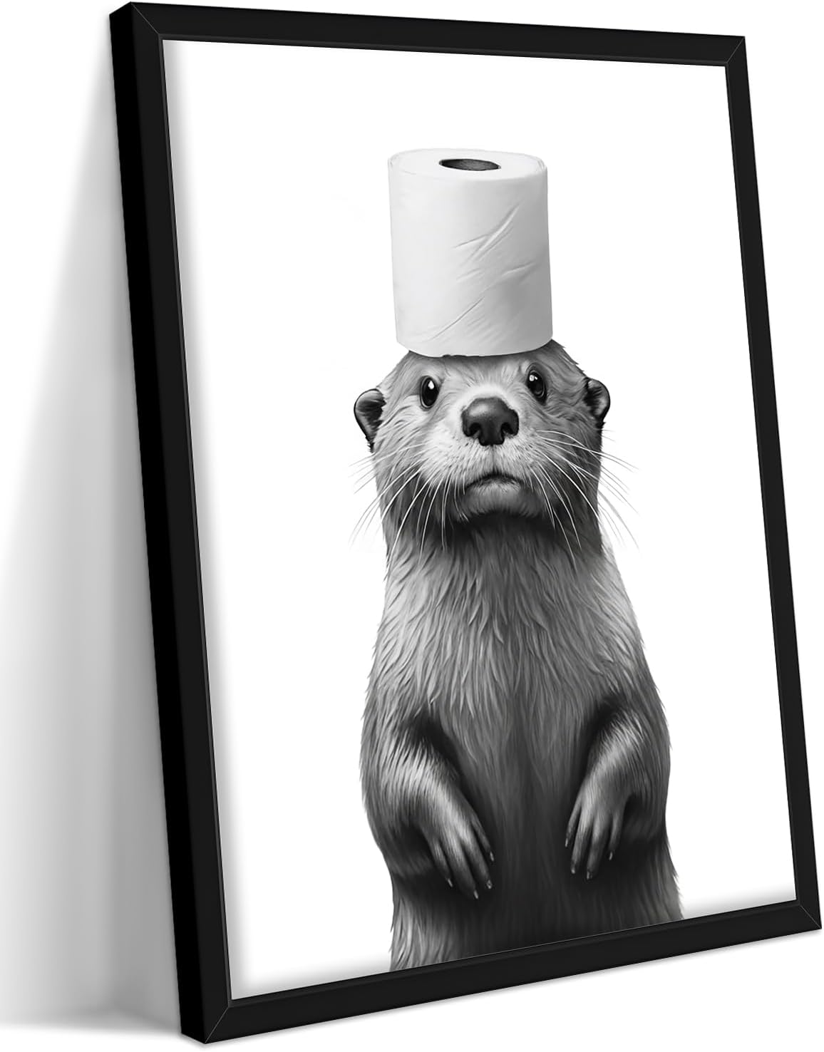 Skiennix Funny Bathroom Wall Art - Cute Otter Holding Toilet Paper | Black & White Canvas Print 8x10 Inch