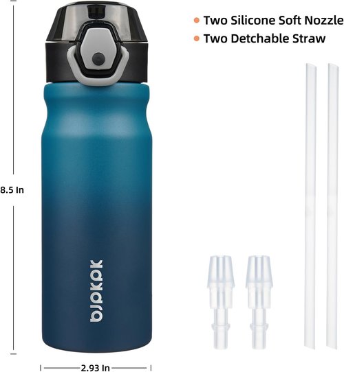 BJPKPK 18oz Insulated Water Bottle - Stainless Steel, BPA-Free, Leak-Proof | Indigo Black with Straw