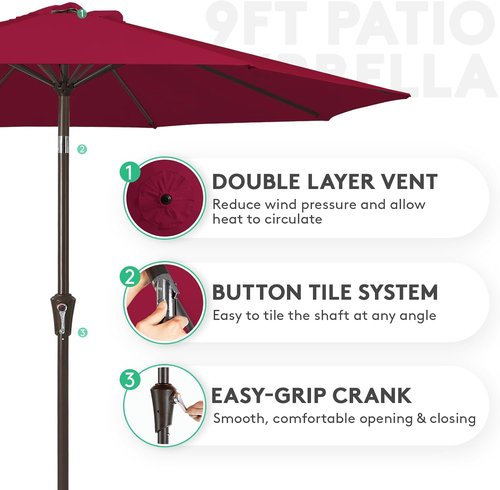 JEAREY 9FT Outdoor Patio Umbrella - Market Umbrella with Push Button Tilt & Crank | UV Protection, Waterproof, Brick Red