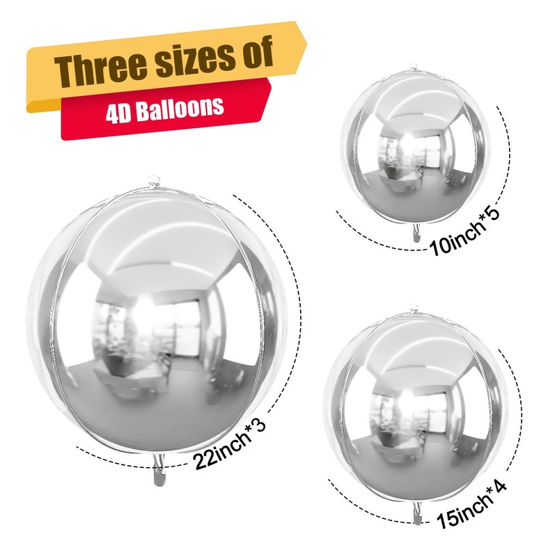 12Pcs Silver Round Foil Balloons, 22" 15" 10" 4D Ball Balloons, Metallic Silver Foil Balloon for Birthday Graduation Christmas New Year Eve Disco Party Backdrop Decorations