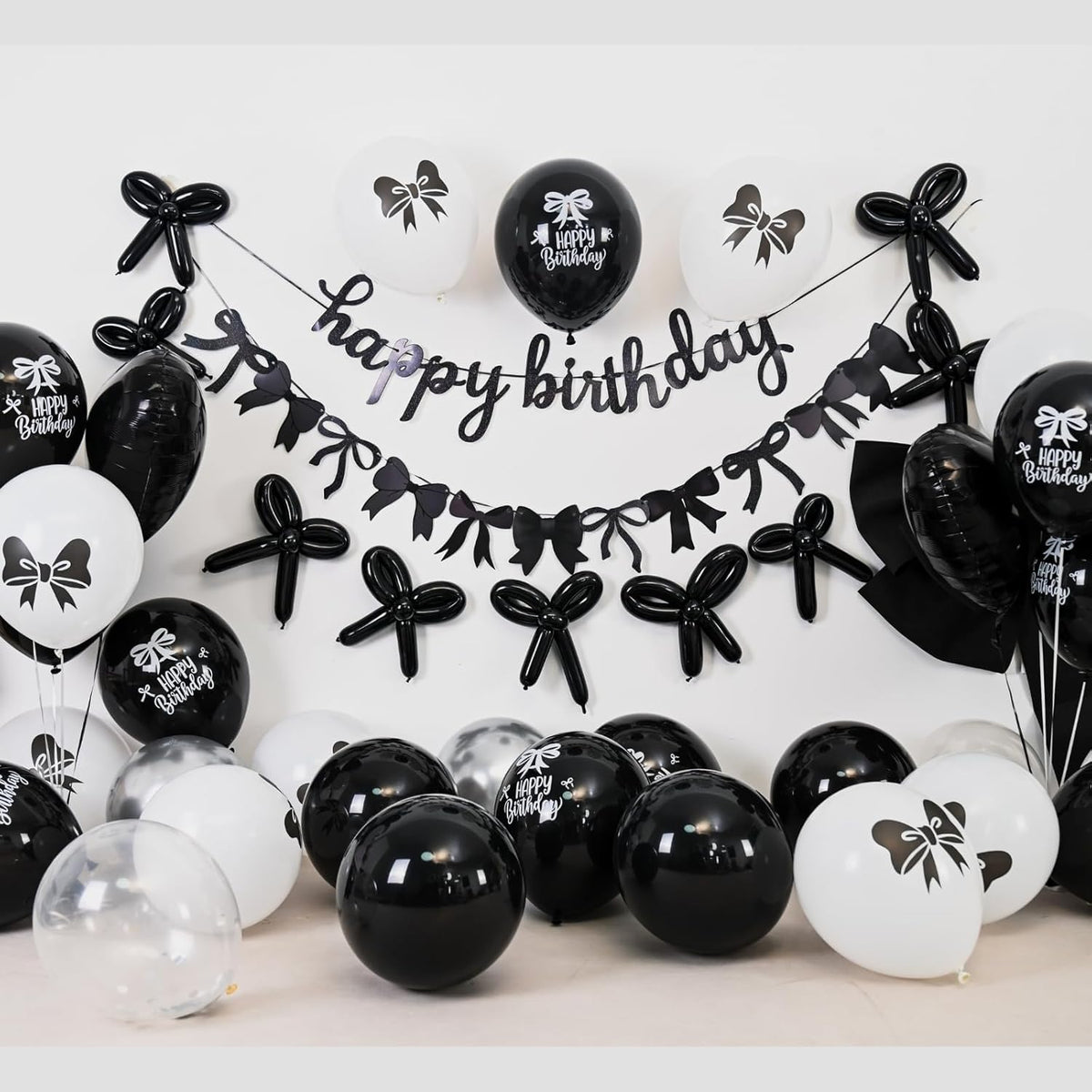 Skiennix Black Bow Birthday Decorations - Coquette Party Set with Happy Birthday Banner & Heart Foil Balloons