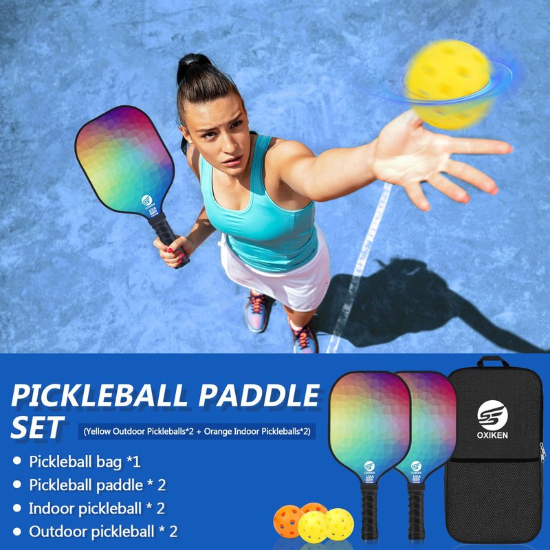SS OXIKEN Pickleball Paddles Set of 2, USAPA Approved Carbon Fiber Pickle Ball Paddle (CHS) Polypropylene Honeycomb Core, Anti Slip Sweat Absorbing Grip, 2 Outdoor Pickleball, 2 Indoor Pickleball, Bag