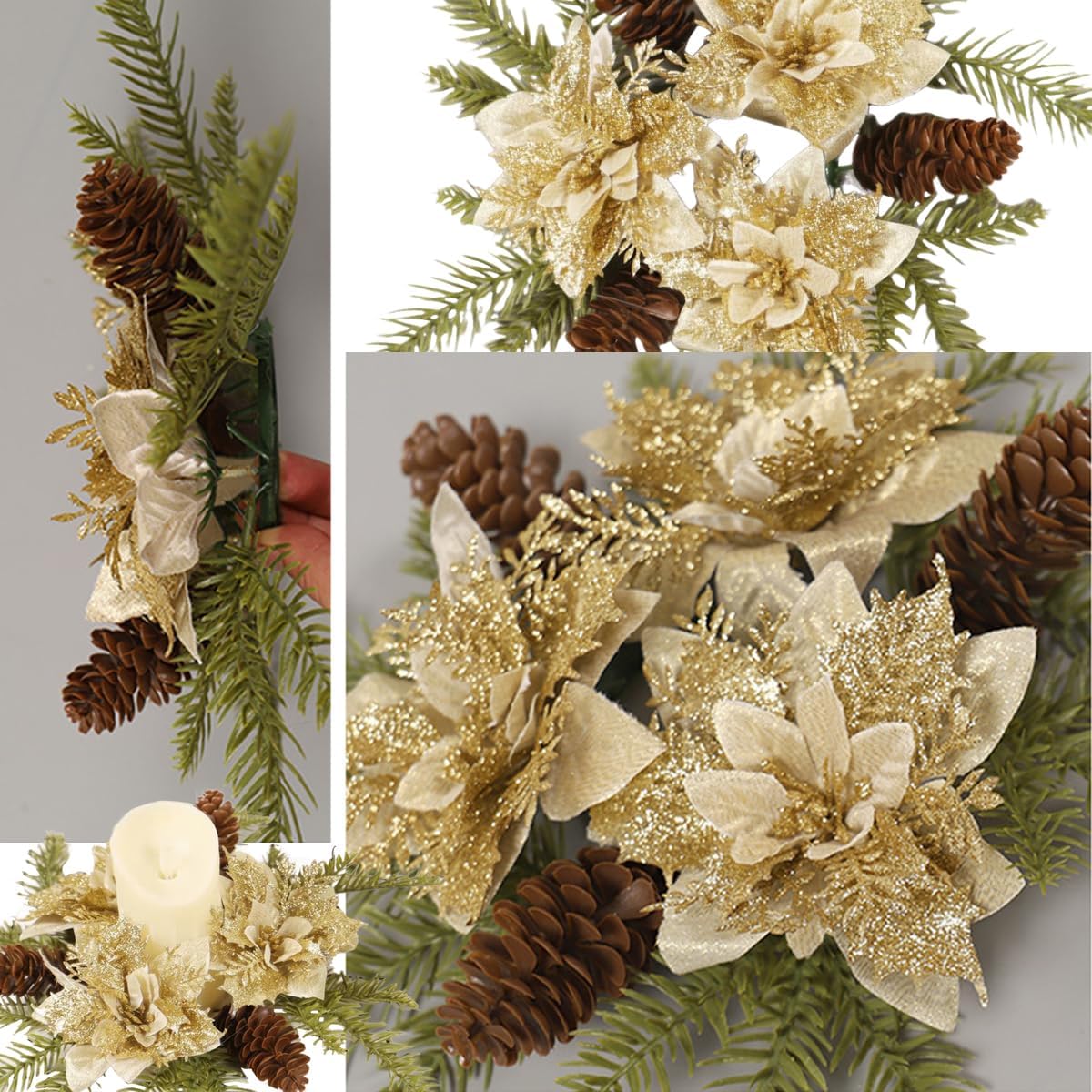 Regine Switzerland Christmas Candle Ring - Gold Glitter Poinsettia & Pinecone Garland | Holiday Table Decor
