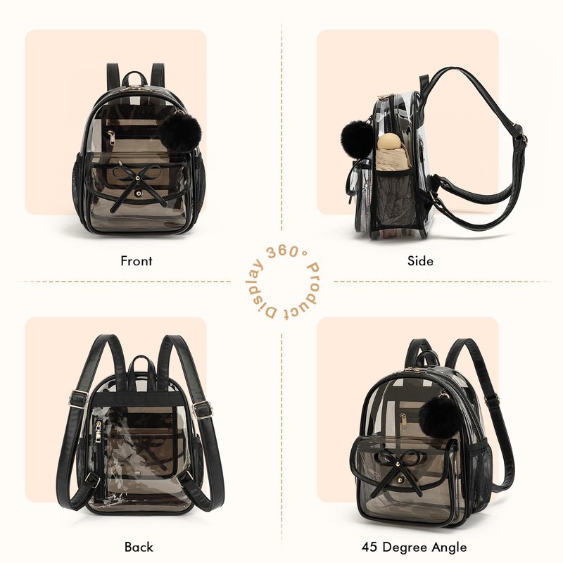 ASKSKY Clear Backpack for Stadium Events 12x12x6, Thick PVC Small Clear Bag with Leather Trim Fashion Women Backpack for Concerts, Sports, Festivals, Work, Travel-Black