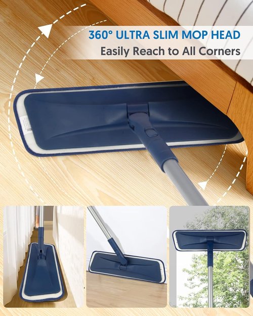 BPAWA Microfiber Flat Floor Mop - Versatile Wet/Dry Cleaning for Hardwood, Tile & Vinyl | 4 Washable Chenille Pads